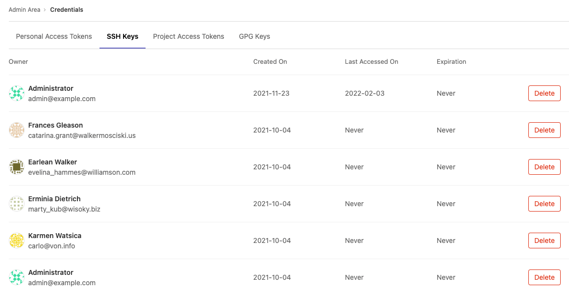 The credentials inventory page listing SSH keys.