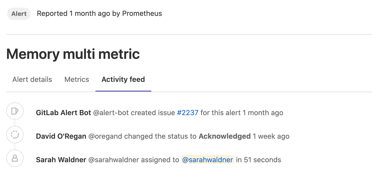GitLab alert activity feed showing three system notes